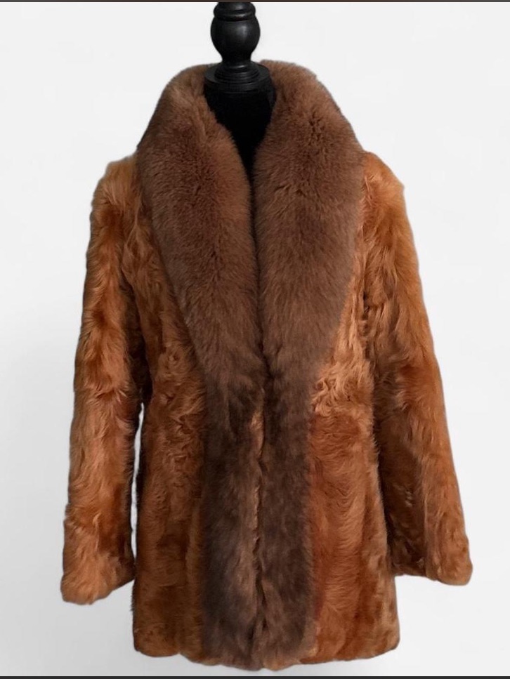 Women's Palody Genuine Fur Coat With Plush Collar - Rust Brown